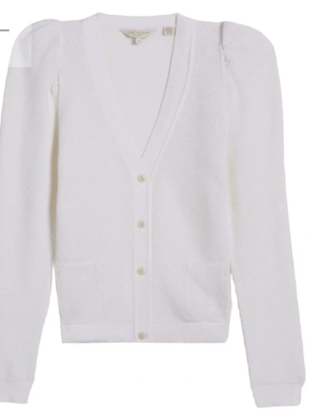 Ted Baker White V-Neck Button Cardigan with Puff Shoulders